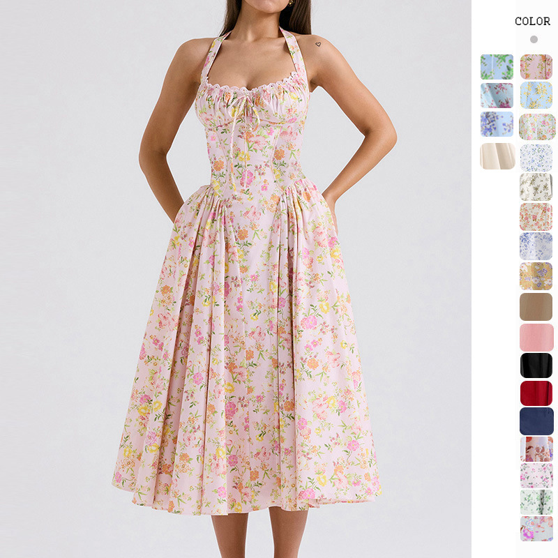 2025 New Summer Slim Sling Long Dress European and American Style Fashion Printed Neck Lace dress