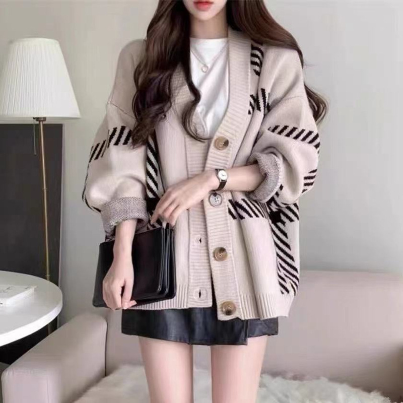 New Black Stripesd Knitted Cardigan for Women 2022 Autumn and Winter K-style Loose Lazy Style Simple Versatile Sweater Jacket