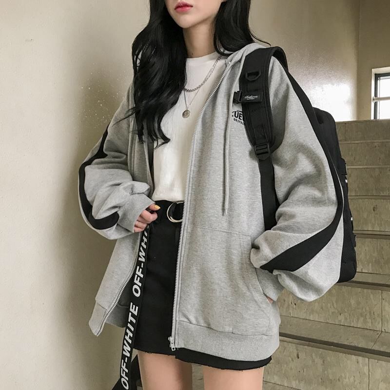 Picture of 2022 New Korean Style Autumn and Winter Women's Harajuku Style Velvet Hooded Sweatshirt Women's Color Block Embroidered Letter Zipper Jacket