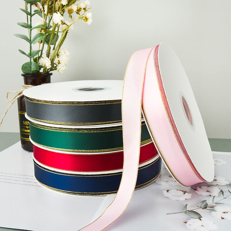 in stock 2.5cm double gold edge double sided polyester with baking bouquet diy hair accessories bow gift packaging ribbon