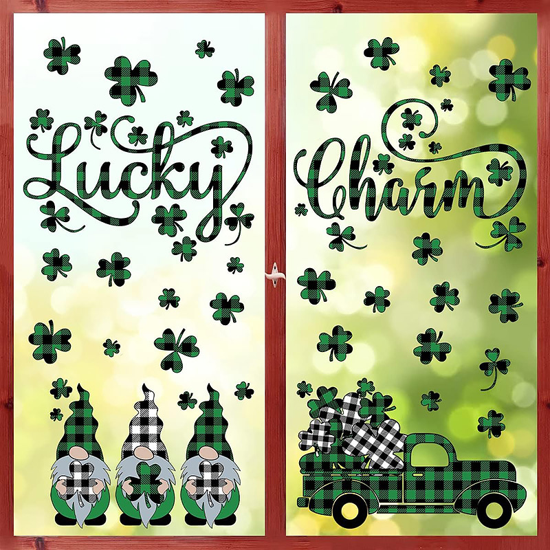 New St. Patrick's Day Window Decorative Sticker Pvc Window Sticker Four-leaf Clover Dwarf Dwarf Cartoon Wall Sticker