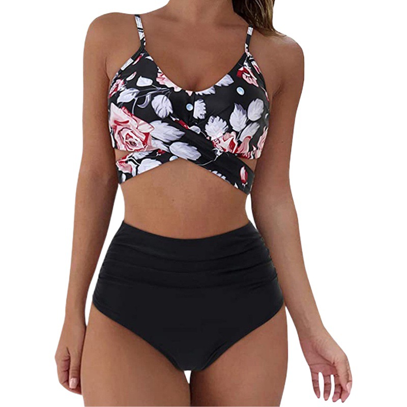 Amazon Sexy Swimsuit 2021 European and American New Cross Strap High Waist Printed Split Women's Bikini Swimsuit