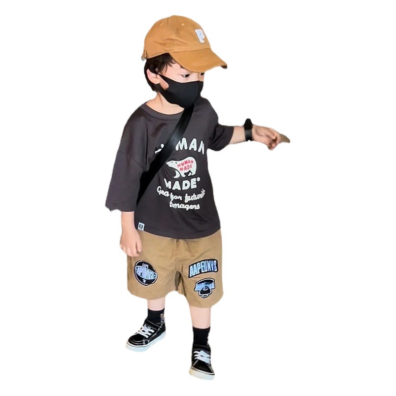 Boys' Fashion Brand Hong Kong Style Retro Pure Cotton Short-sleeved T-shirt Summer Children's Clothing Harajuku Style Middle and Small Children's Casual Top Clothes