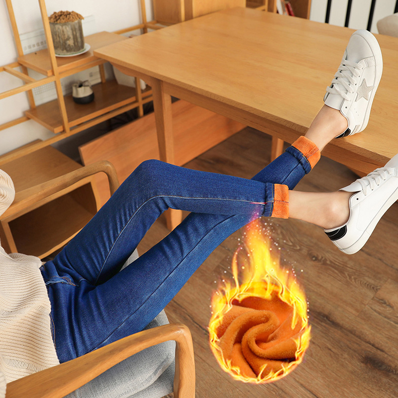 Picture of Dark Blue High Waist Jeans Women's 2023 Spring New Slim-fit Tight All-match Fleece-lined Stretch Pants for Winter