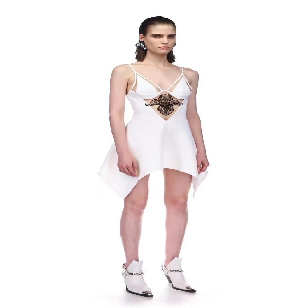White Spell Black Beaded Mesh Sleeveless Women's Slip Skirt Cross-border Fashion V-neck Bandage A- line Skirt Graduation Prom Skirt
