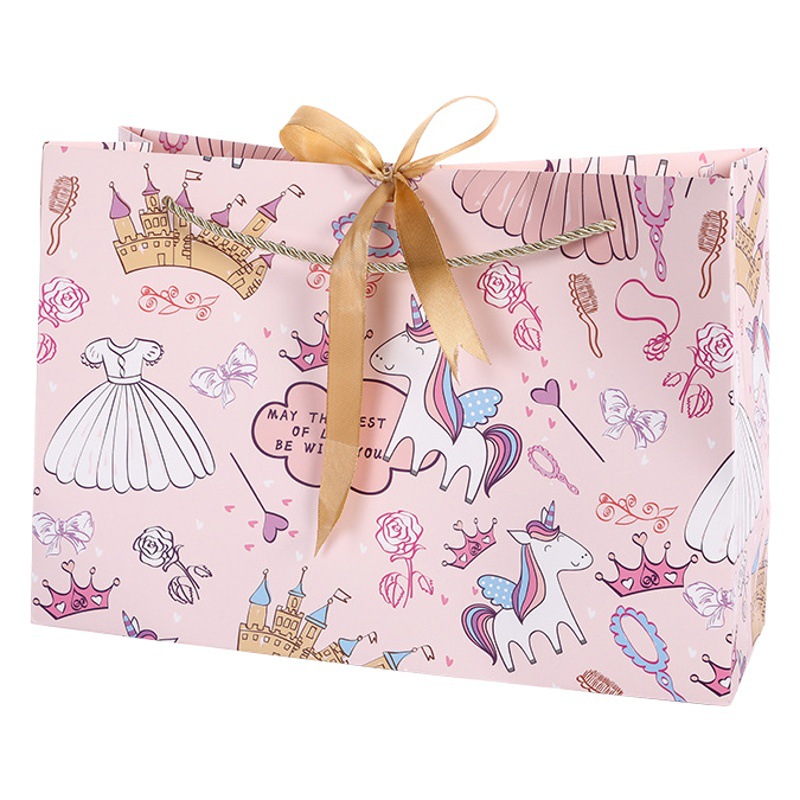 Ins Style Hand Bag Gift Bag Bow Paper Bag Cute Unicorn Color Printed Gift Bag Kidsren's Birthday Return Gift Bag