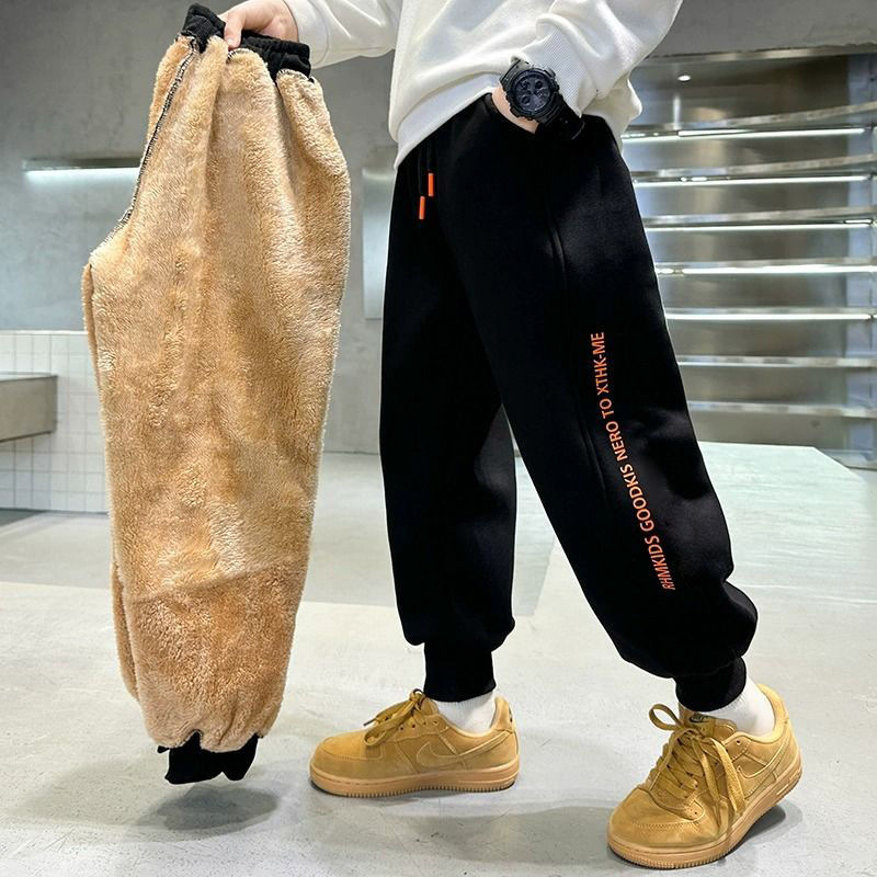 Picture of Boys' Winter Fleece-Lined Thickened Pants 2025 New Style for Older Children, Integrated Fleece Sweatpants, Fashionable Casual Children's Pants Trend