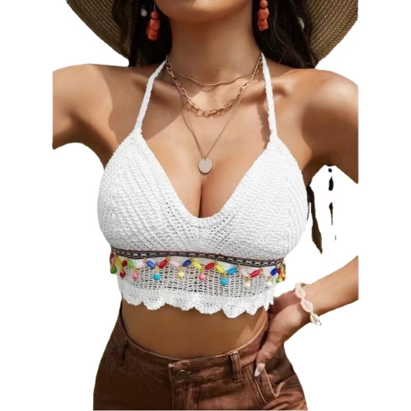 Bohemian Ethnic Style V-Neck Backless Short Knitted Neck Small Vest with Navel Exposed on Spice Girls' Sling Belt for Vacation
