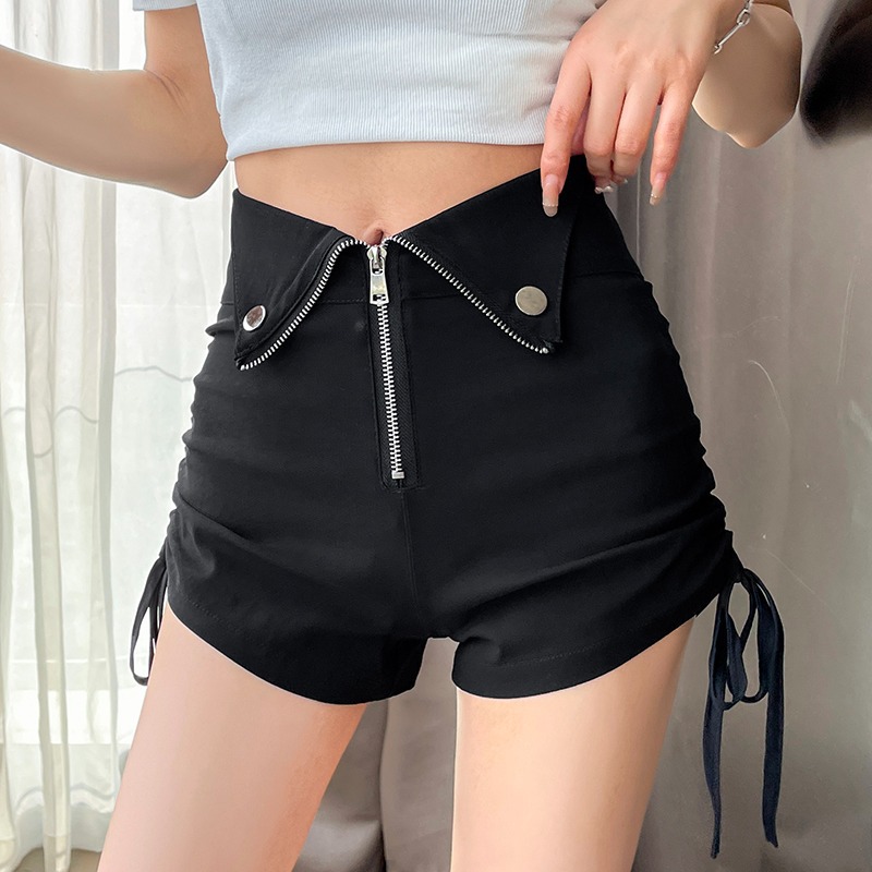 Designed Lace-Up High-Waisted Black Casual Pants for Women on Both Sides, 2023 Autumn and Winter Korean Style Versatile Slimming Look Outer Shorts