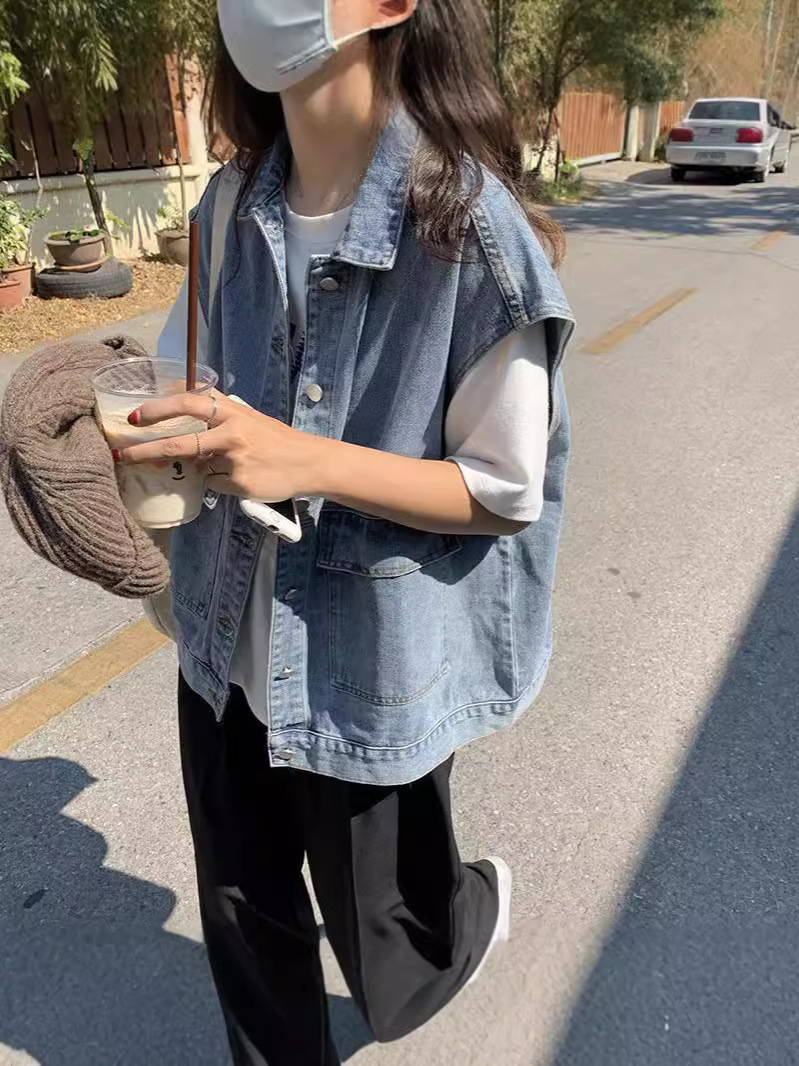 2025 Autumn and Winter Workwear Vest Stacked Denim Vest Tops Women's Outerwear Sleeveless Waistoutwear Cardigan Top Trendy