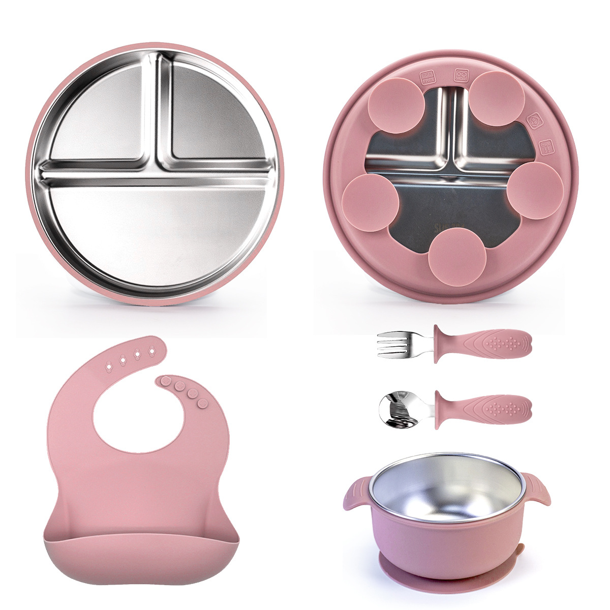 Picture of Cross-Border Baby Dinner Plate Baby Suction Cup Kidsren's Tableware Set Divided Plate Anti-Fall 304 Stainless Steel Silicone Bowl
