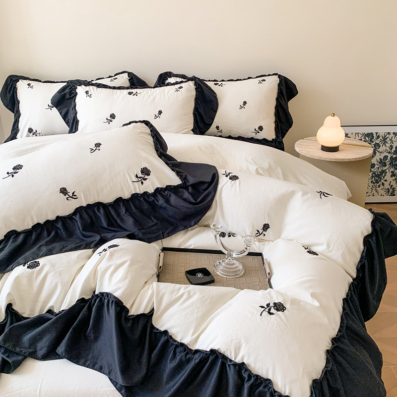 Hepburn Style Ins French Style 100 Skin-Friendly Cotton Four-Piece Set Black Rose Embroidered Wide Edge Lace Quilt Cover Bed 1.8