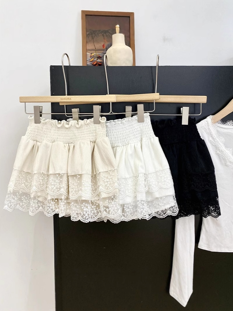Sweet Lace Splicing Elastic High-Waist Skirt for Women Summer New French Versatile Anti-Exposure Pleated Skirt