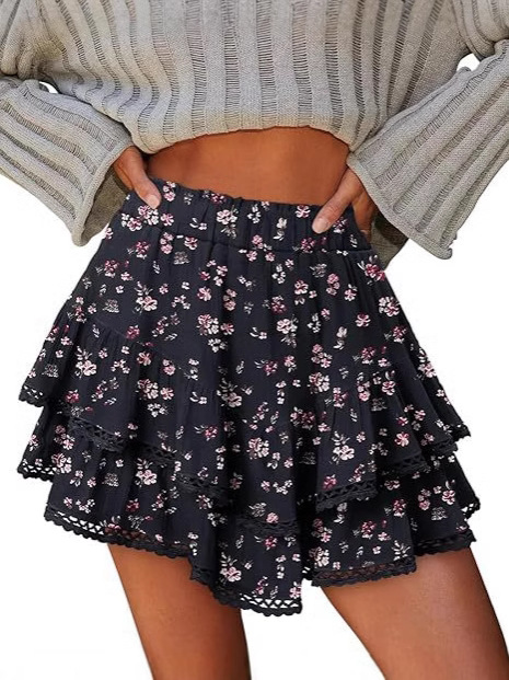 Amazon Women's New Floral Ruffled Pleated Skirt 2025 Spring Summer Cross Border Women Printed Skirt