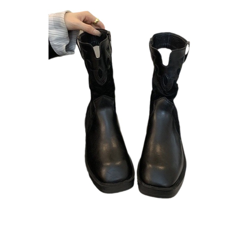 Retro Western cowboy boots slimming versatile autumn and winter new square toe mid-calf boots retro Knight boots thick bottom short boots for women