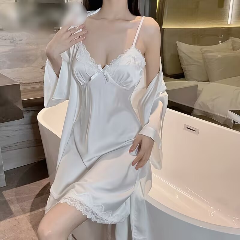 Mu Yu Sexy Pajamas with Chest Pad High-grade Nightgown Deep V Ice Silk Sling New Style Outer Robe suit Home Clothes for Women