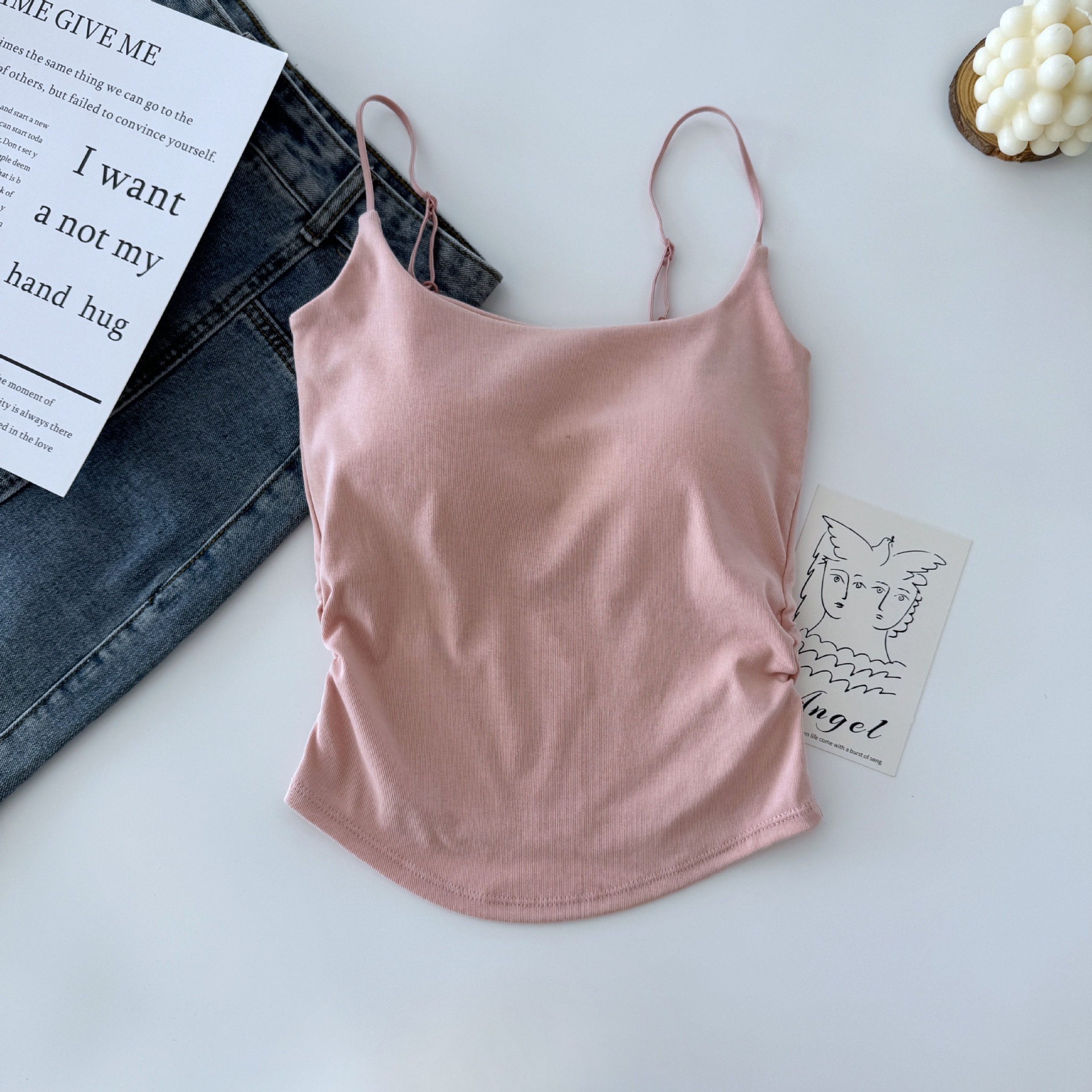 Picture of Pure Lust Style Sweet and Spicy Design Pleated Camisole for Women with Breast Pads, One-Cup Inner Wear and Outer Wear Beautiful Back Top for Women