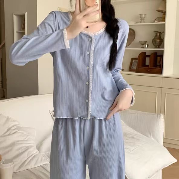 2024 New Simple Pajamas Women's Spring and Autumn Korean Style Sweet Long Sleeve Thin Outer Wear Home Clothes suit Cross-border