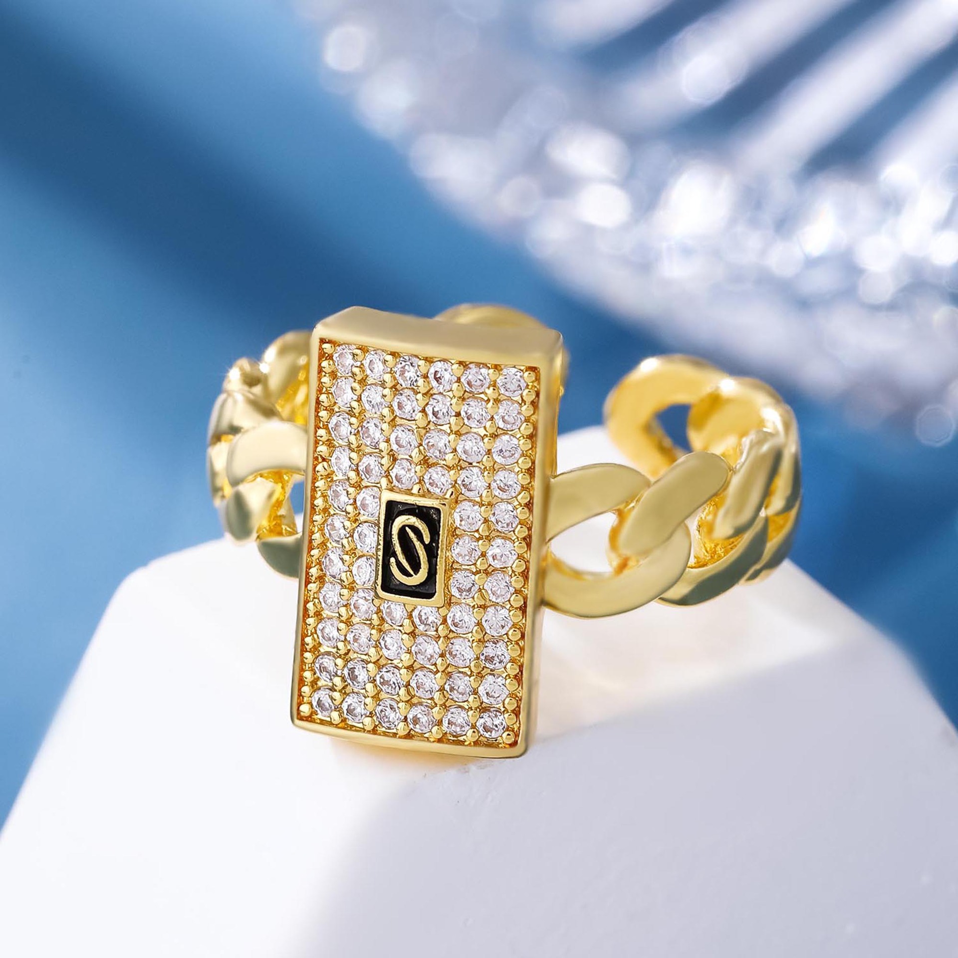 Cross-Border New High-End Geometric Ring Gold Full Diamond Cuban Chain Design Fashionable Light Luxury Ring for Women