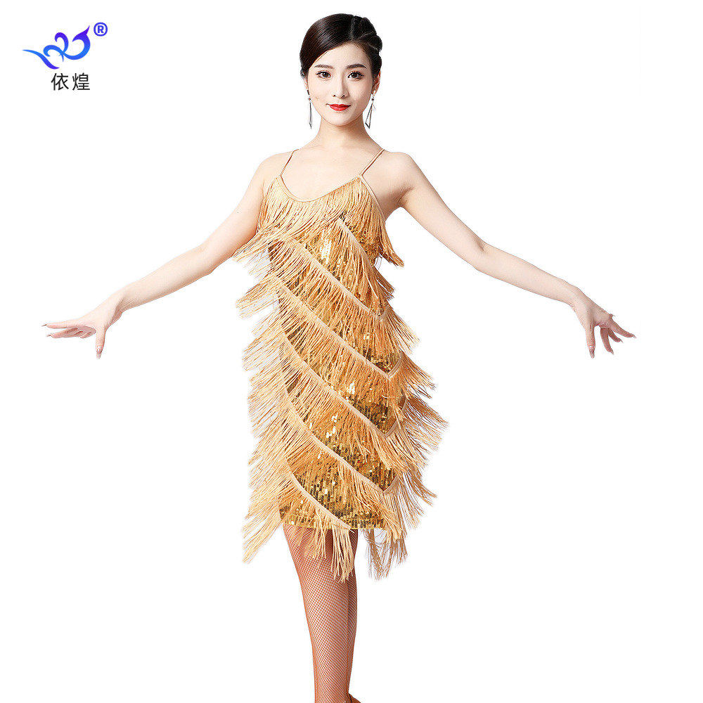 Picture of Latin Dance Sequined Tassel Skirt Latin Dance Skirt V Neck Party Dance Skirt Performance Clothing Stage Performance Competition Clothing