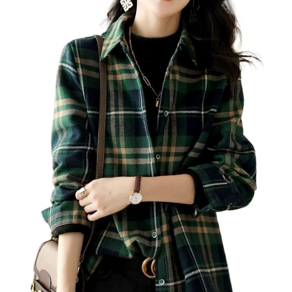 Picture of Brushed Plaid Long-Sleeved Shirt for Women Spring Cross-Border Retro Versatile Casual Shirt Loose Outer Top Jacket Trendy