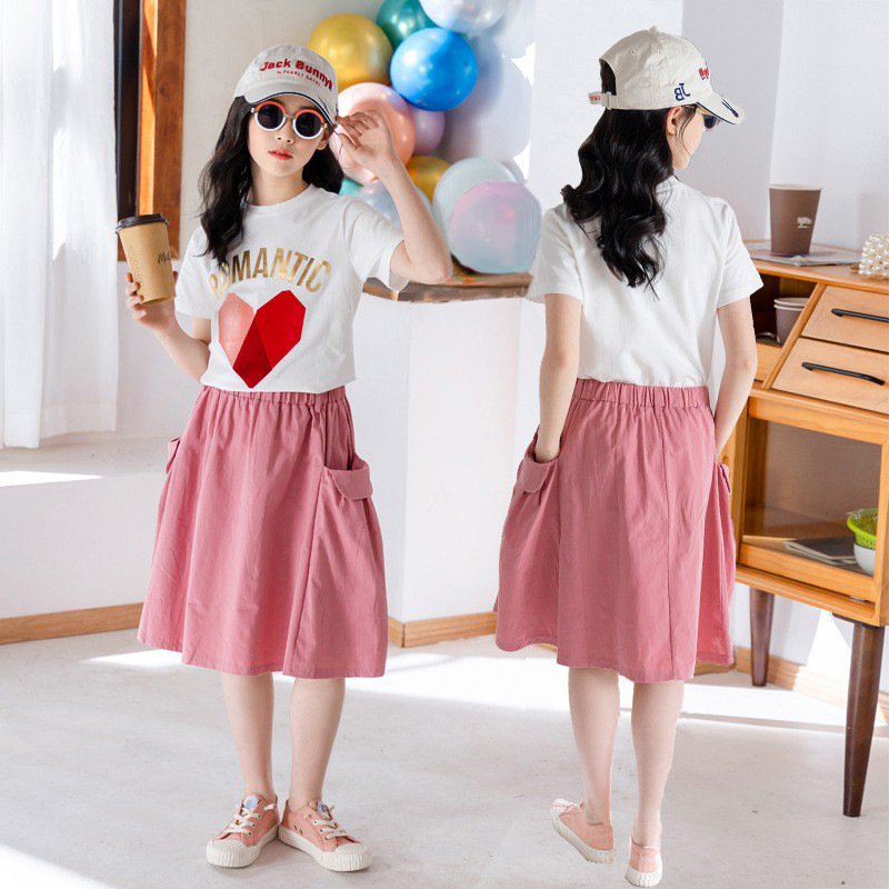 Children's Clothing New Love Pocket Skirt Set Girls Cotton Two-piece Skirt Children's Skirt Girls Clothing