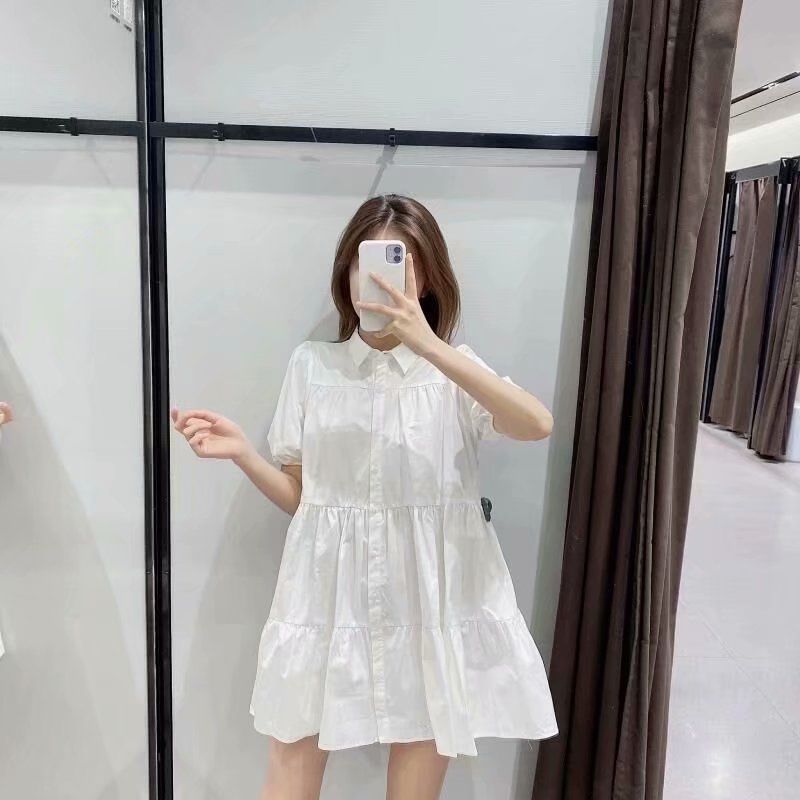 White New Loose Slim Dress 2025 Summer Petite Elegant French Shirt Puff Sleeve Dress