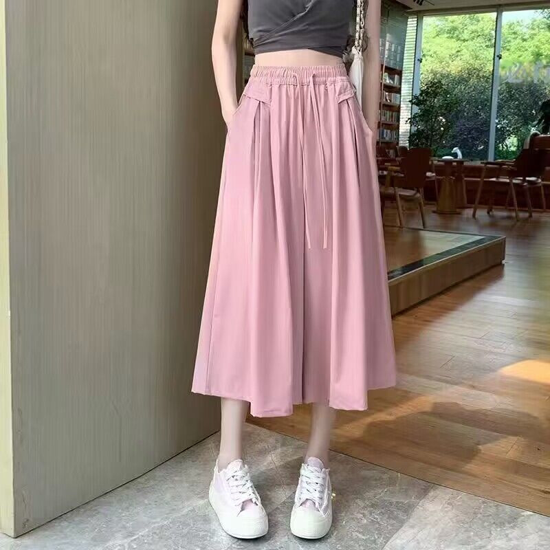 Ice Silk Wide-Leg Culottes Women's Summer Thin High-Waist Slim-Fit Pants Short Eight-Section Pants Hip-Covering Casual Straight Pants