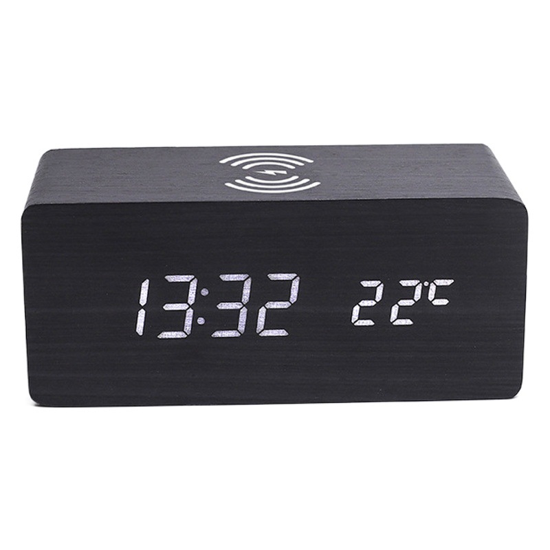 Wireless charging wooden clock 10W wireless fast charging clock led digital alarm clock multi-function electronic clock wooden clock