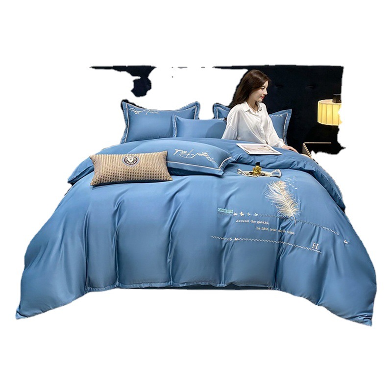 Light Luxury High-end Ice Silk Four-piece Set Washed Cotton Four-season Silky Quilt Cover Bed Sheet Bedding Three-piece Set