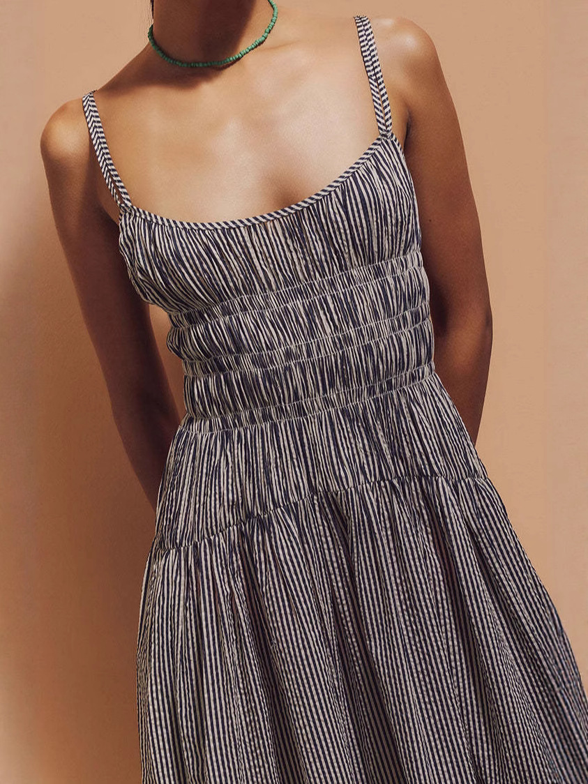 Picture of Amazon 2025 Striped Cotton Mid-Length Dress with Adjustable Straps, Backless Cross-Over Three-Row Pleated Lace-Up