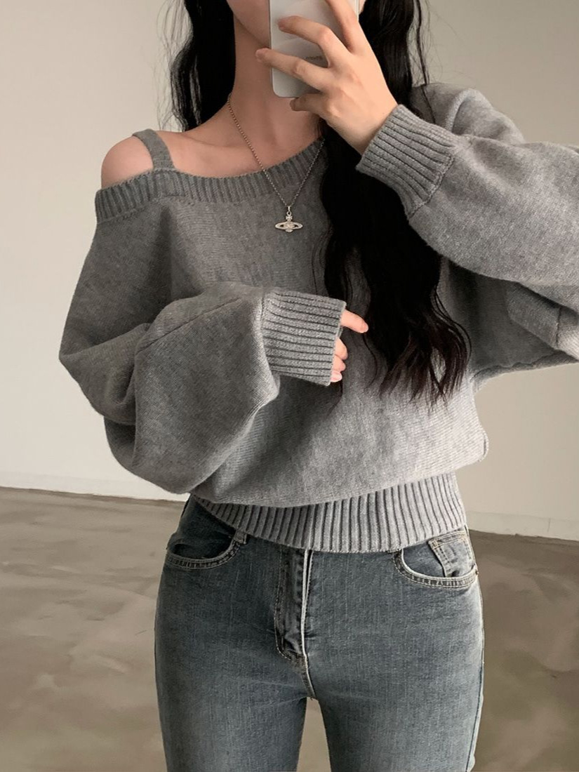 Korean Style Shoulder Knitted Sweater T-Shirt Autumn New Design Sense Niche Slant Shoulder Spice Girls Sexy Bottoming Top Ins