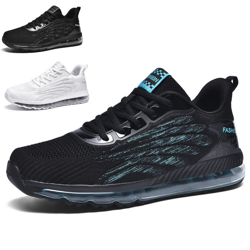 Cross-border large size 48 47 full support air cushion men's shoes running shoes lightweight fly woven breathable all black sports shoes small white shoes