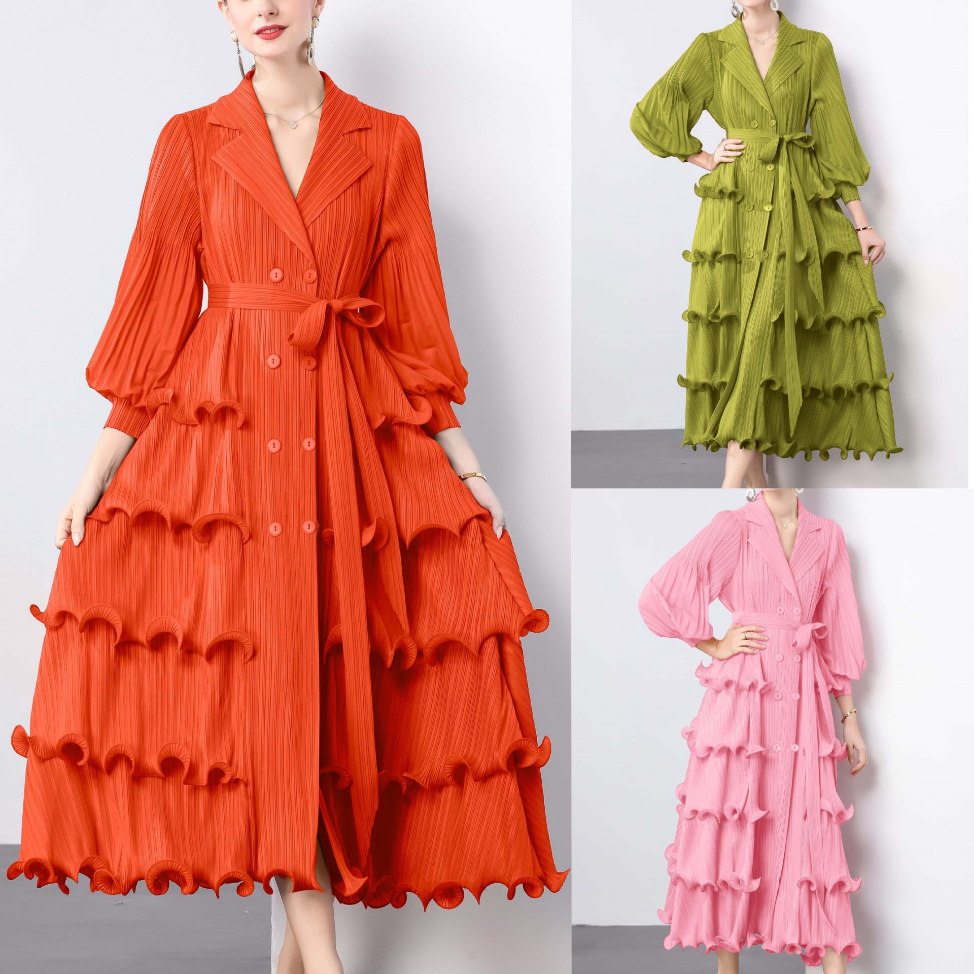 Cross-border pleated socialite temperament long-sleeved suit collar waist slimming A- word ruffled cake dress dress