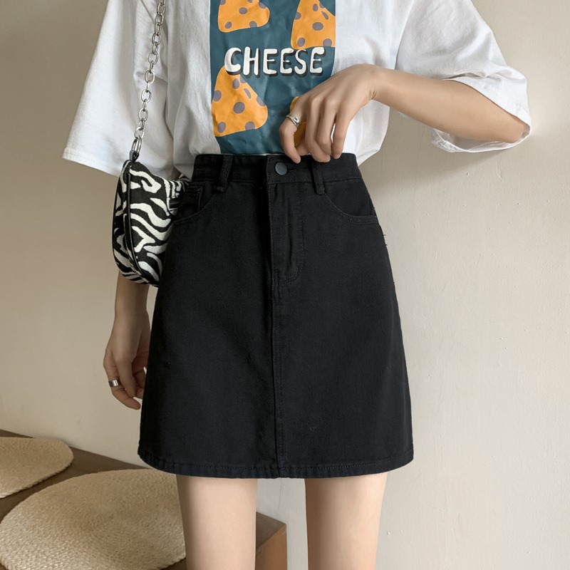 Vintage High Waist Denim Skirt Women's Summer 2023 New All-Match Slim A- Line Skirt Black Hip Skirt