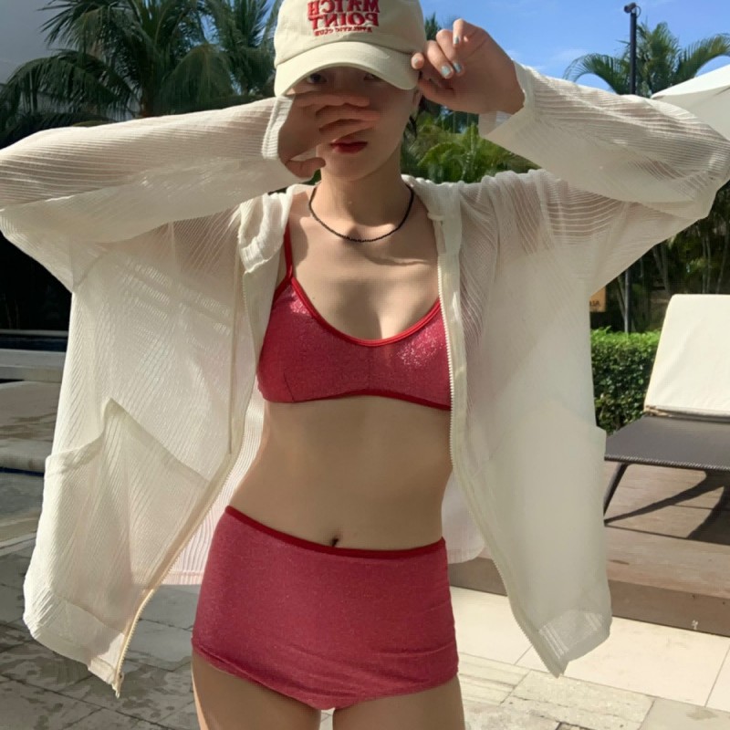 2024 Women's Solid Color Bikini Split High Waist Triangle Sports Sweet Spicy Wind Hot Spring Vacation Sling Biki