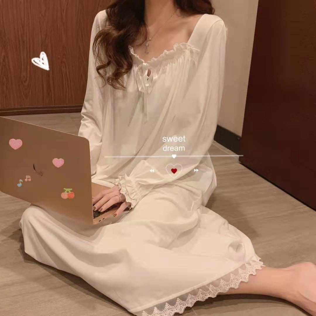 Long Sleeve princess style nightdress women's pajamas lace court style Korean style loose plus size 2023 new home wear delivery
