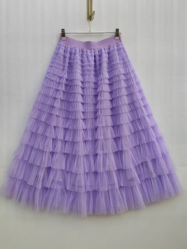 light purple Fairy Mesh Skirt Women's Cake Skirt Spring and Summer Heavy Industry Large Swing Ankle-length Skirt