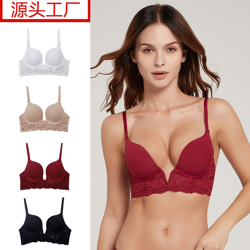 French Sexy Deep V Women's Intimates Bra Lace Summer Breathable Seamless Large Breasts Appear Smaller Anti-Sagging Wholesale