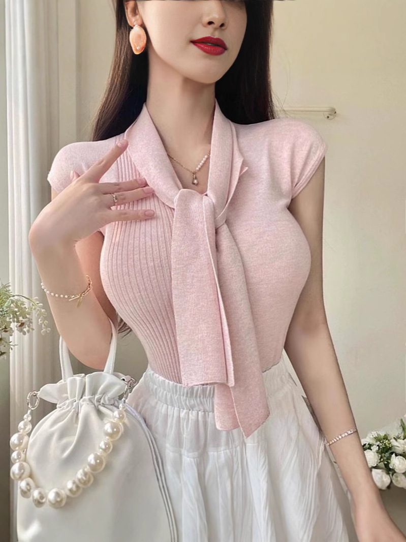South Korea's Dongdaemun Spring and Summer New Style Fashionable Collar Lace-Up Pure Color Versatile Short-Sleeved Knitwear T-Shirt Top