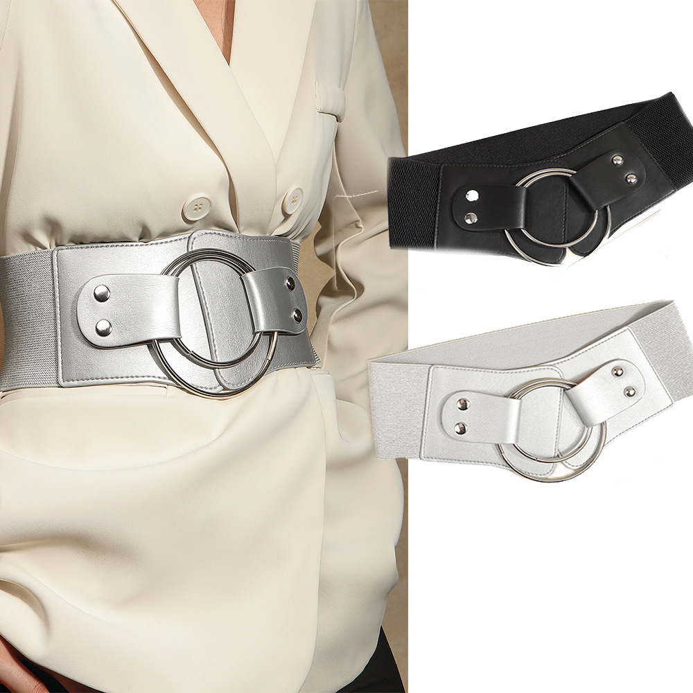 New Style Waist Belt Black Silver Ring Wide Belt Elastic High Elasticity Spring Versatile Decorative Dress European and American Style