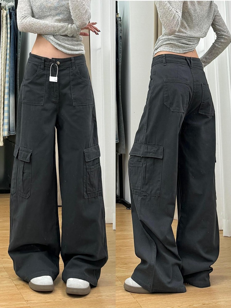American Style Retro dark gray Wide Leg Overalls Women's Autumn New Design Sense Loose Slimming Straight Denim Pants
