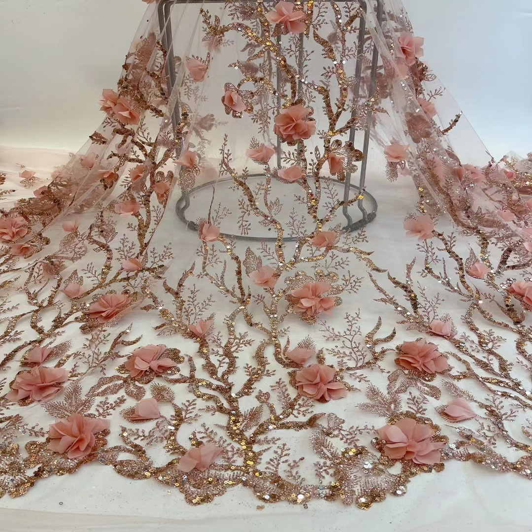 Wedding dress fabric three-dimensional flower sequins positioning embroidery lace European and American mesh embroidered cloth dress JX1914