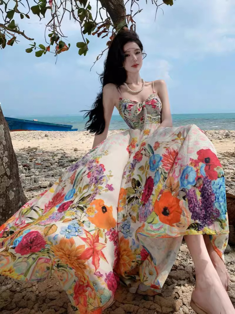 2024 Cross-Border New Product Colorfulful Floral Suspender Straps High Waist Holiday Dress Long Dress Fashionable Elegant