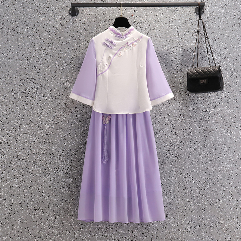 Picture of Cheongsam Top Embroidered Violet Dress Two-Piece Chinese Ethnic Costume Hanfu Improved Retro Zen Tea Suit for Summer