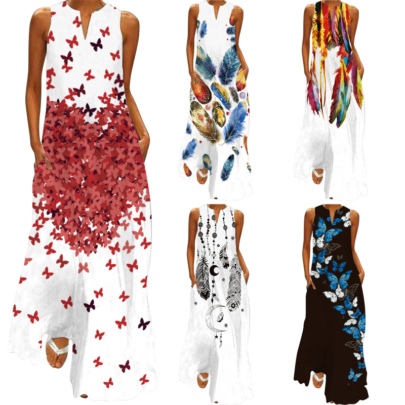 2024 Summer Women's Fashion Sexy Digital Printing V-neck Sleeveless Long Dress with Pocket European and American dress S-5XL