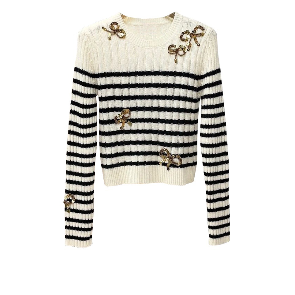 2024 Early Autumn New Pullover Knitwear Beaded Bow Knitwear Stripesd Sweet Versatile Wool Long-Sleeved Top