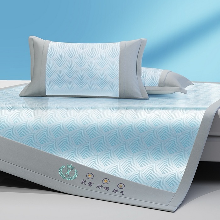 Picture of Class A antibacterial summer ice silk mat three-piece set machine washable folding summer air conditioning ice silk mat bed hat soft mat