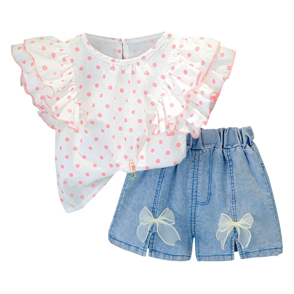 Girls Summer New Style Internet Celebrity Suit Korean Style Baby Polka Dot Bottoming Shirt Spring and Summer Thin Clothes
