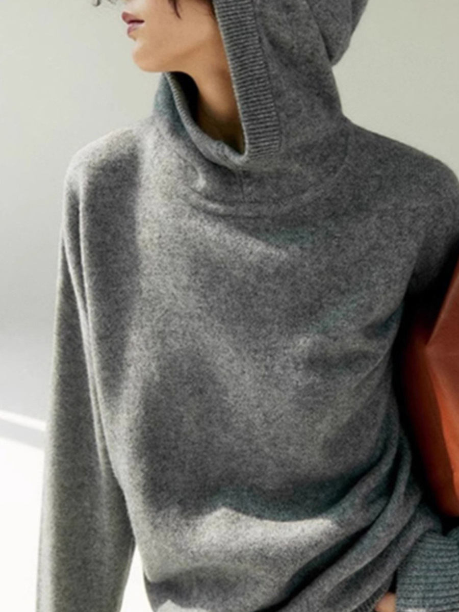American-style Retro Grey Hooded Sweater Pullover Sweater Women's High-end Sense Lazy Style Elegant Simple Base Knitted Sweater